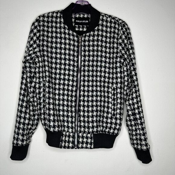 Philip Ayler White Black French Tweed Houndstooth Black Trim Zip Bomber Jacket - Picture 2 of 10